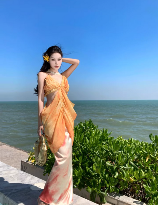 Ethereal Ruffles Asymmetric Drape Maxi Dress Two-Piece Set Cutout Waist Long Dress AP1145