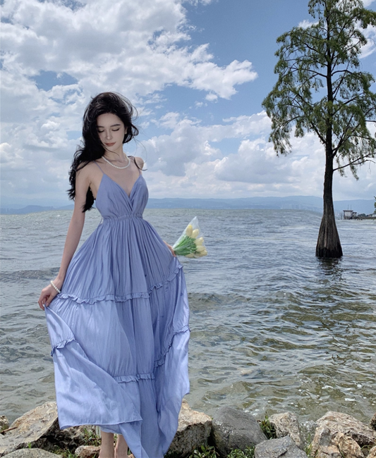 French Style Beach Getaways Ruffled Maxi Dress V-Neck Loose Style Long Dress AP1146