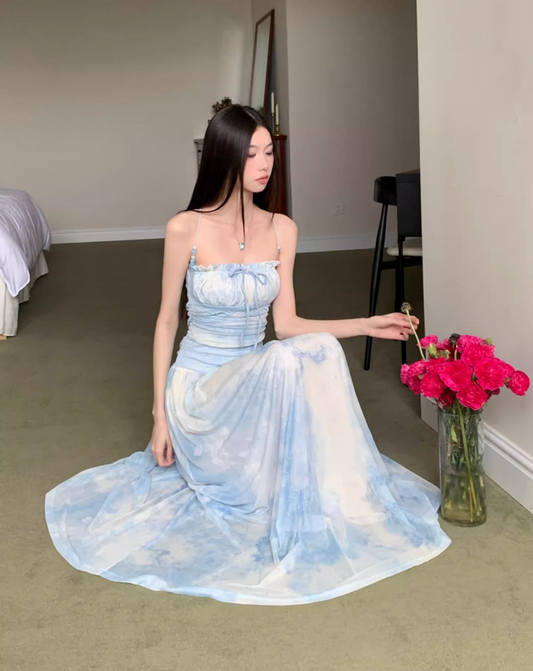 Casual Light Blue Tie-Dye Maxi Dress Vacays Getaways Loose Style Tulle Overlay Long Dress AP1147