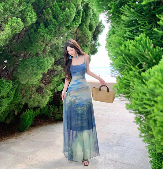 Boho-Style Blue Gradient Tie-Dye Maxi Dress Vacays Outfit Spaghetti Strap Long Dress AP1148