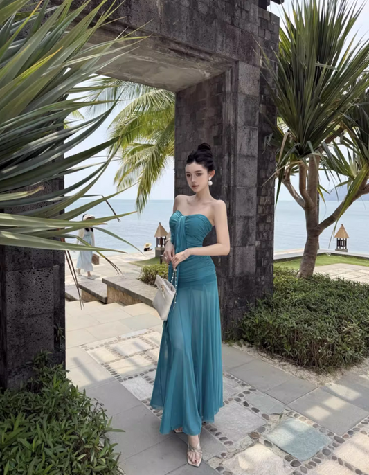 Vintage Teal Strapless Mesh Fabric Maxi Dress Minimalist Flowy Ruched Long Dress AP1149