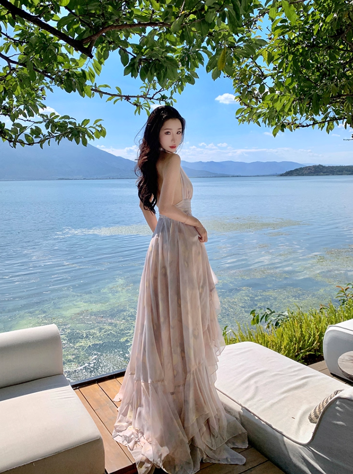 Gorgeous Tulle overlay Ruffles Maxi Dress Vacation Outfit Asymmetric Hi-Lo Hem Halter Long Dress AP1150