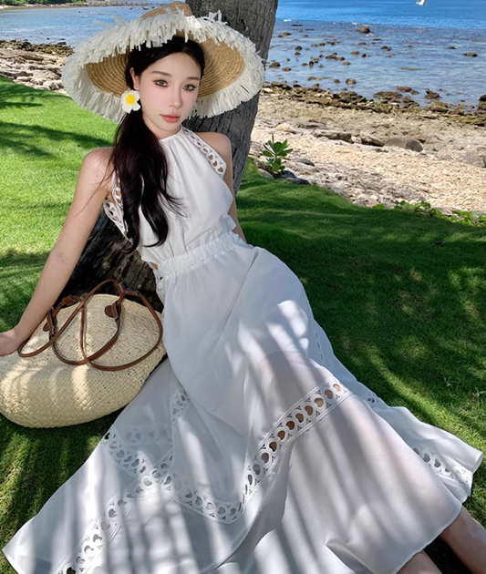 Graceful White Cutout Details Maxi Dress Vacation Outfit Soft Fabric Halter Long Dress AP1151