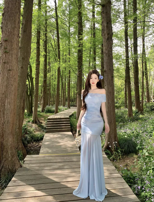 Glamorous Off-Shoulder Strapless Maxi Dress Minimalist Mesh Fabric Splicing Long Dress AP1160