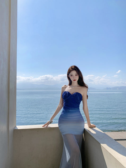 Ethereal Strapless Sheer Mesh Overlay Maxi Dress Blue Gradient Photographic Long Dress AP1161