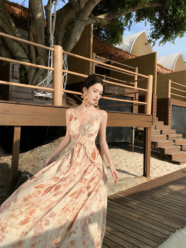 Elegant Floral Design Vacation Outfit Maxi Dress Spaghetti Strap Leaf Printed Long Dress AP1165