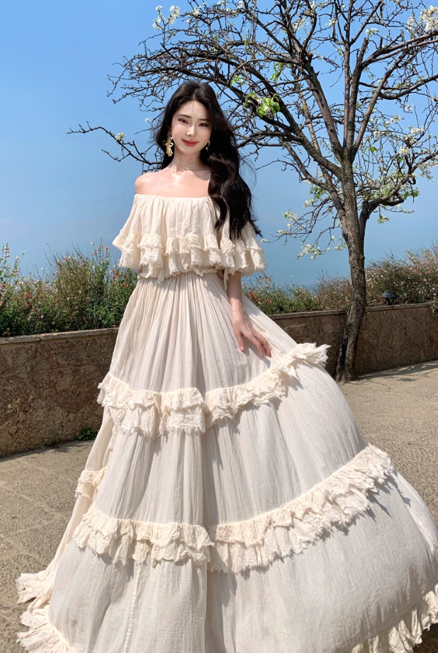 Ethereal Off-Shoulder Tiered Ruffles Maxi Dress Elegant Cream Flowy Silhouette Long Dress AP1168