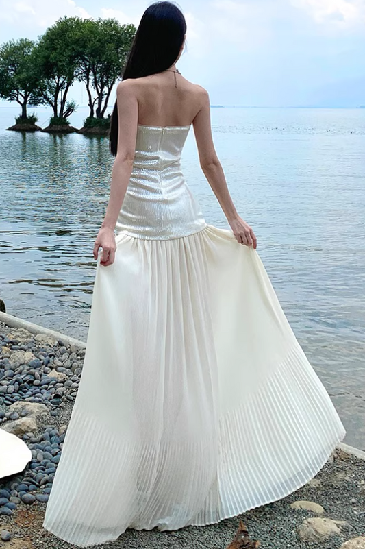 Glam Resort Outfit Sequin Glittering Maxi Dress Flowy Sheer Tulle Splicing Strapless Long Dress AP1170