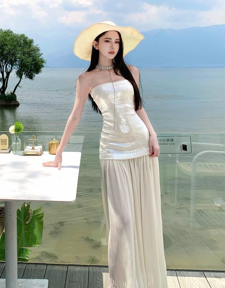 Glam Resort Outfit Sequin Glittering Maxi Dress Flowy Sheer Tulle Splicing Strapless Long Dress AP1170