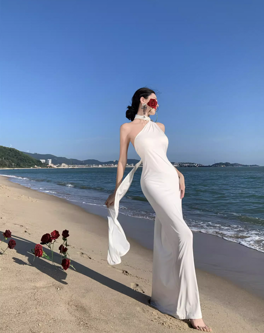 Fancy Summer Beach Outfit One Shoulder Maxi Dress Ring Design Flowy Ribbon Sheath Long Dress AP1171