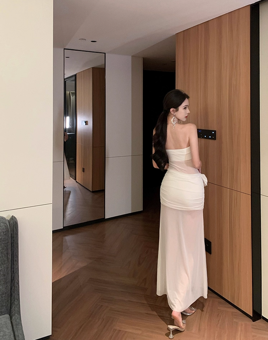 Sexy Sheer-Inset Everyday Wear Maxi Dress Strapless Flower-Trimmed Sheath Long Dress AP1172