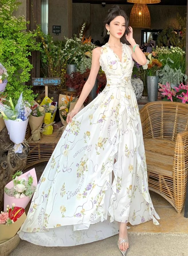 New Arrival V-Neck Backless Floral Printed Maxi Dress Casual High-Slit Ruffles Halter Long Dress AP1173