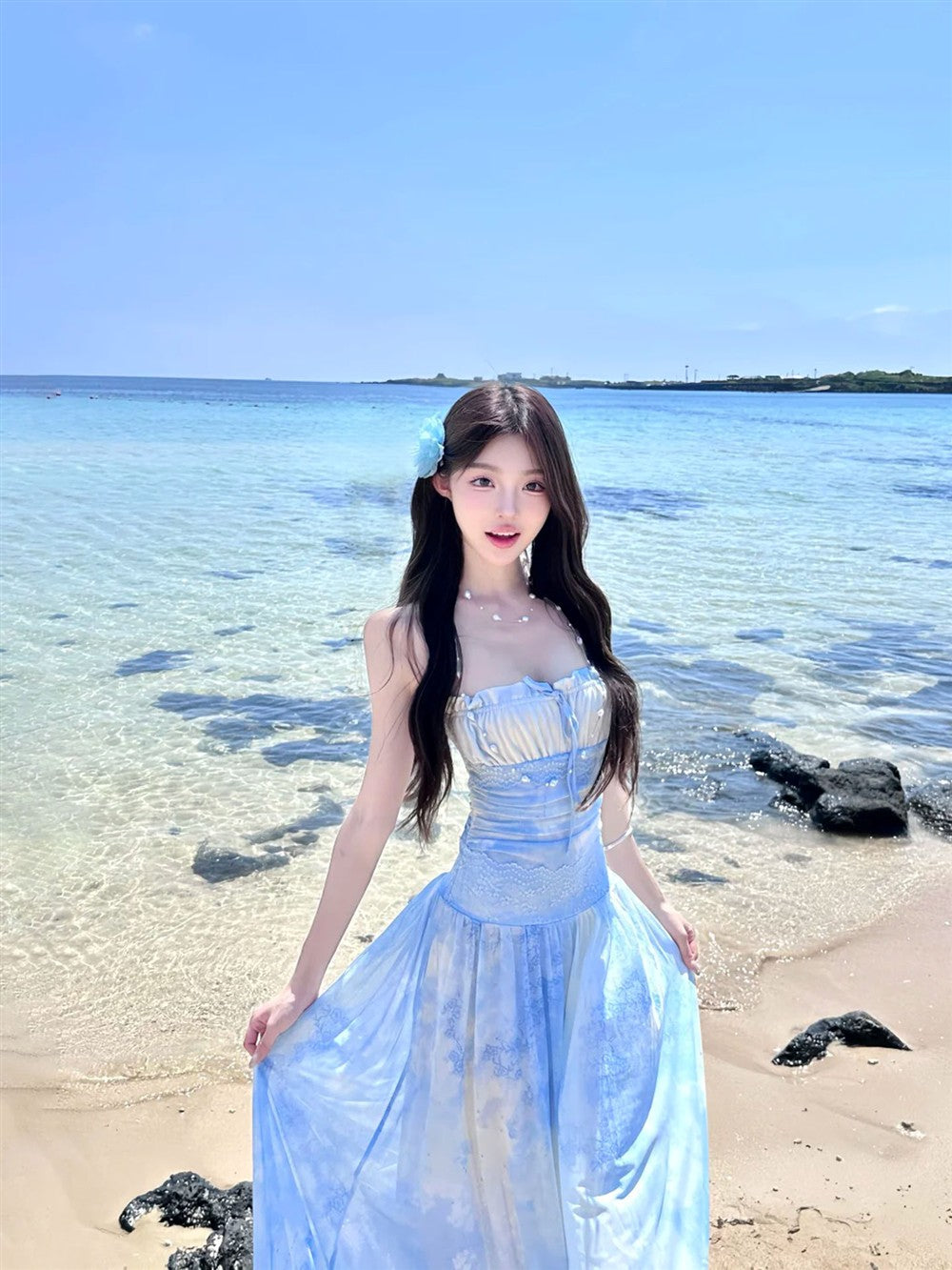 Charming Sheer-Inset Tie-Dye Maxi Dress Casual Draped Flowy Backless Halter Long Dress AP1174