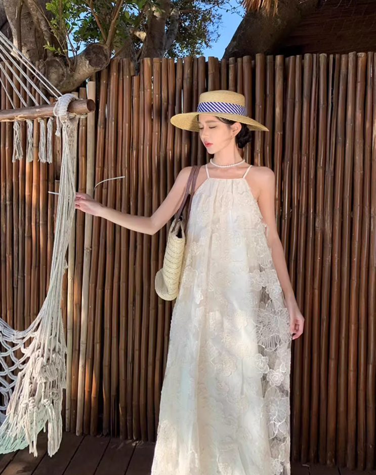 Graceful Sheer Lace Overlay Double Layers Maxi Dress Chic Flowy Loose Style Halter Long Dress AP1176