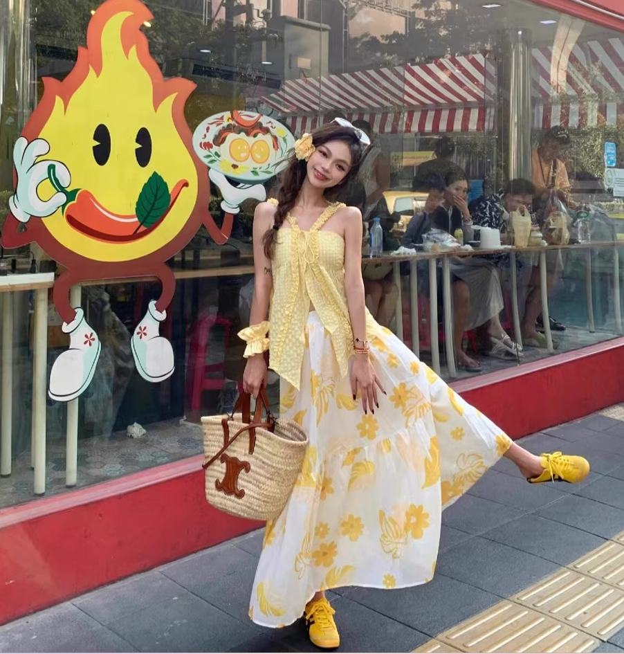 Vibrant Yellow Two-Piece Set Floral Printed Maxi Dress Beach Getaways Ruffles Trimmed A-Line Long Dress AP1179