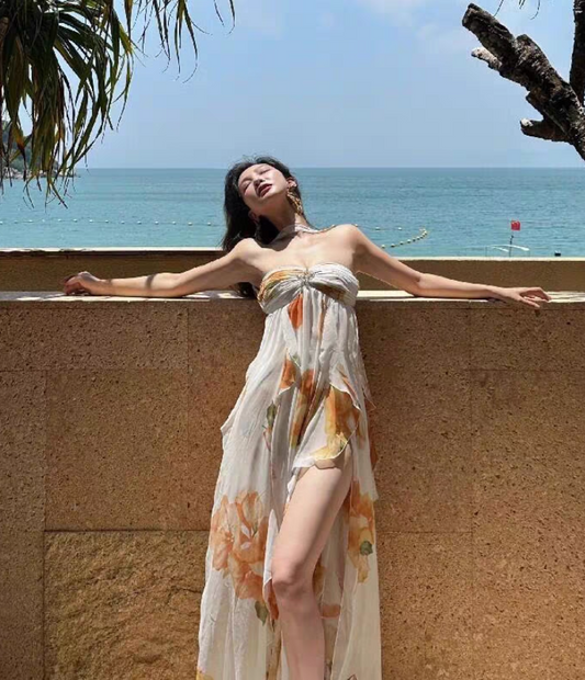 Gorgeous High Slit Flowy Maxi Dress Chic Ruffles Floral Printed Asymmetric Hem Halter Long Dress AP1180