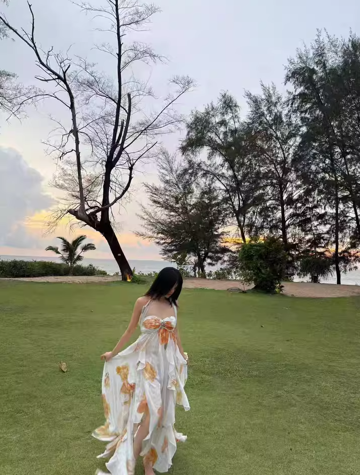 Gorgeous High Slit Flowy Maxi Dress Chic Ruffles Floral Printed Asymmetric Hem Halter Long Dress AP1180