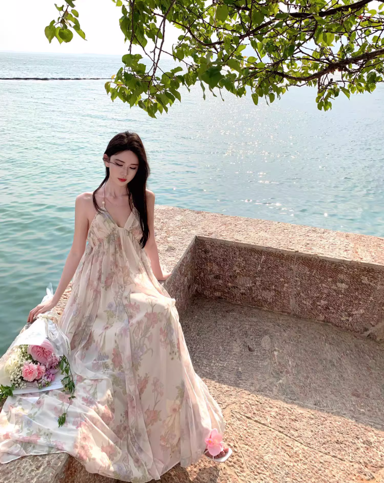 Chic Floral Printed Tulle Layered Neckline Maxi Dress Niche Draped Flowy Halter Long Dress AP1182