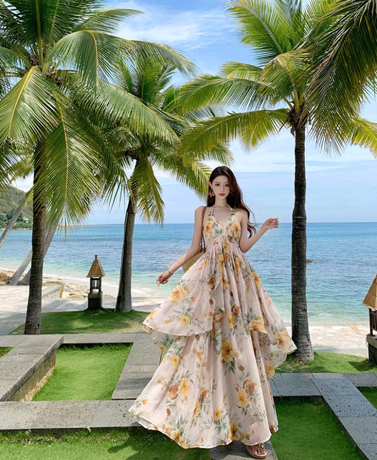 Romantic Sunflower Printed Ruffled Hem Maxi Dress Chic Backless Flowy Vacation Outfit Halter Long Dress AP1183