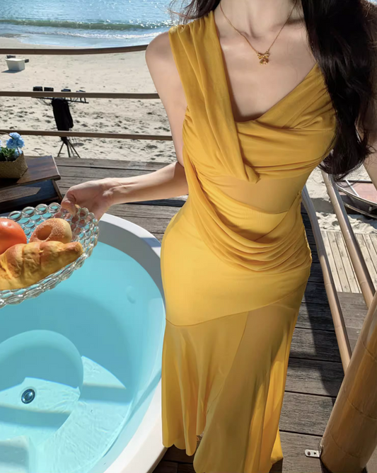 Fabulous Asymmetric Neckline Maxi Dress Chic Draped Soft Fabric Tulle Overlay Long Dress AP1189