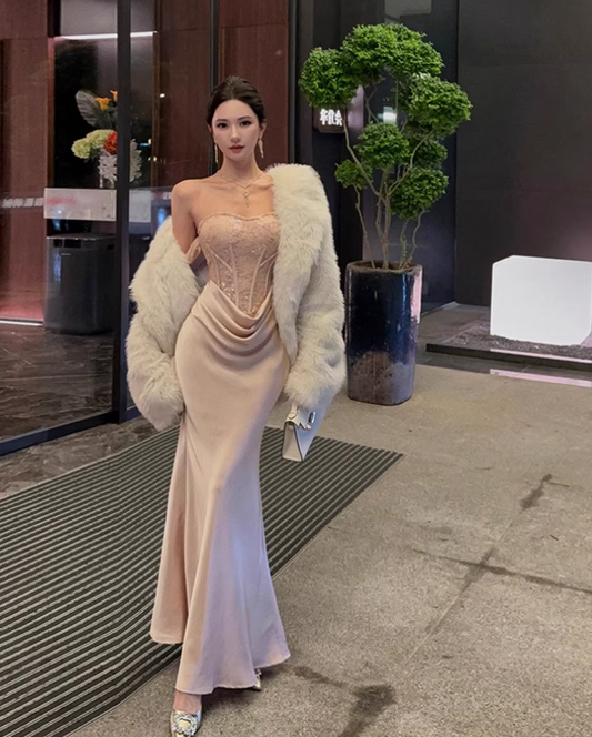 Charming Applique Lace Trimmed Maxi Dress Feast Off-Shoulder Strapless Mermaid Long Dress AP1199