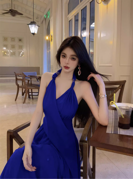 Elegant Blue A-Line Maxi Dress With Slit Backless Natural Draped Flowy Halter Long Dress AP1202