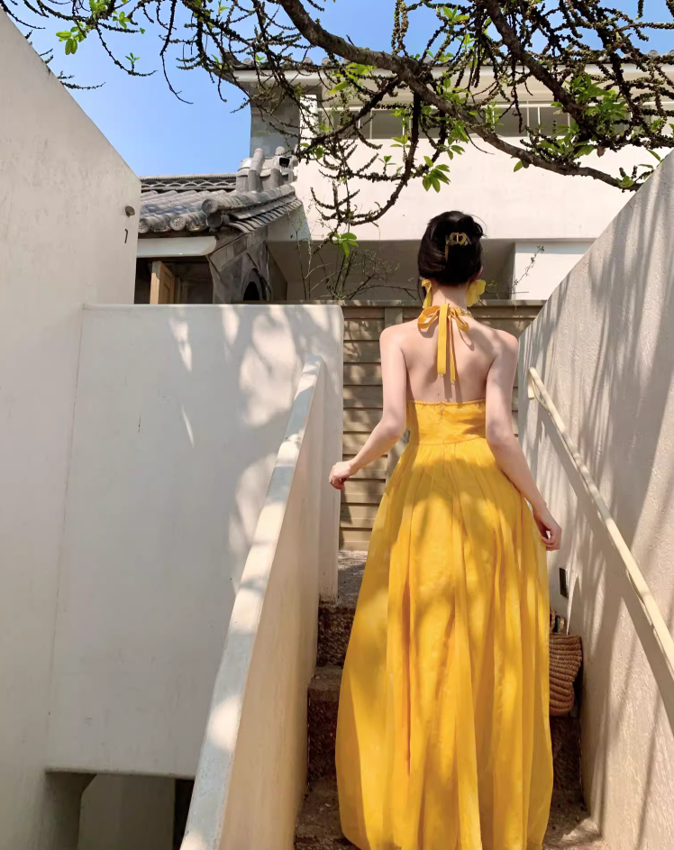 Vibrant Yellow Flowy Natural Waist Maxi Dress With Lining Backless Beading Design Halter Long Dress AP1203