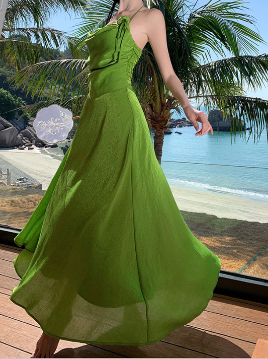 Vintage Green Flowy Natural Draped Maxi Dress Vibrant Lustrous Fabric Backless Flower Design Halter Long Dress AP1204