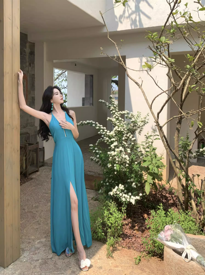 Boho Style Flowy High Slit Vacation Outfit Maxi Dress Vibrant Loose Style Halter Long Dress AP1206