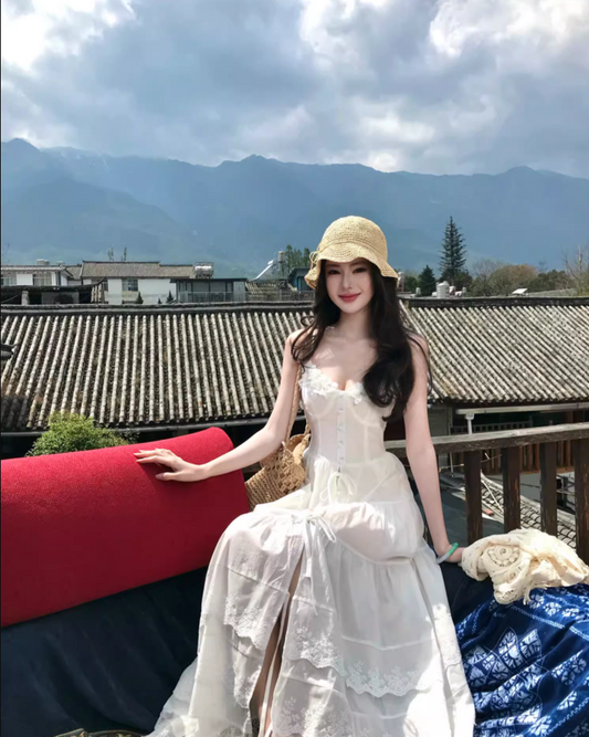 Elegant Lace Splicing Floral Design Maxi Dress Vacation Outfit High-Slit Spaghetti Strap Long Dress AP1211