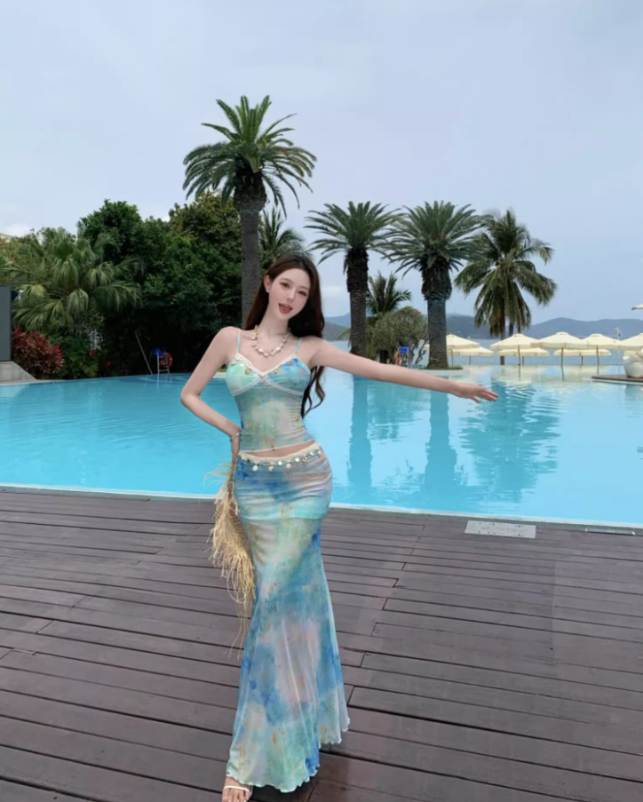 Chic Tie-Dye Mermaid Coastal Trips Maxi Dress Two-Piece Set Spaghetti Strap Long Dress AP1214