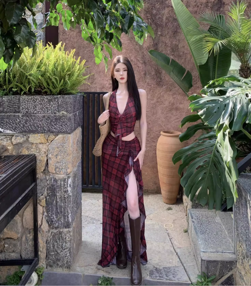 Hot Girls Hi-Lo Hem Two-Piece Set Maxi Dress Checkered V-Neck Backless Halter Long Dress AP1219