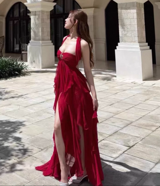 Sexy Coastal Getaways Hot Girls Maxi Backless Flowy Ruffles Hi-Lo Hem Halter Long Dress AP1221