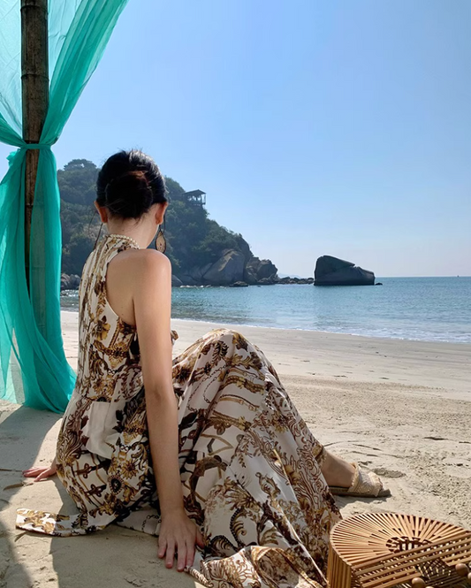 Beach Vacation Baroque Printed Maxi Dress Retro V-Neck Sleeveless Long Dress AP1224