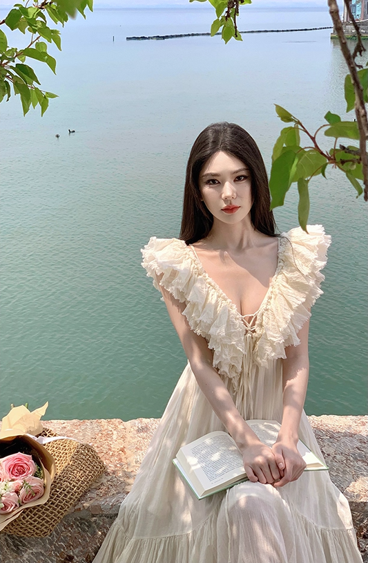 Dreamy White Ruffled Hem Off-Shoulder Maxi Dress Elegant Adjustable Strap Flowy Long Dress AP1226