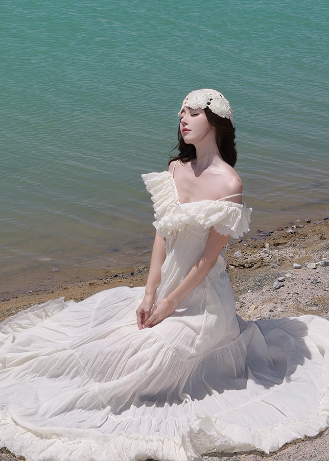 Dreamy White Ruffled Hem Off-Shoulder Maxi Dress Elegant Adjustable Strap Flowy Long Dress AP1226