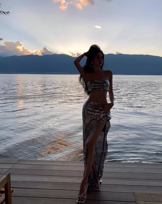 Y2K Sexy Silver Sequins Design Party Mermaid Maxi Dress Chic Two-Piece High-Slit Long Dress AP1231