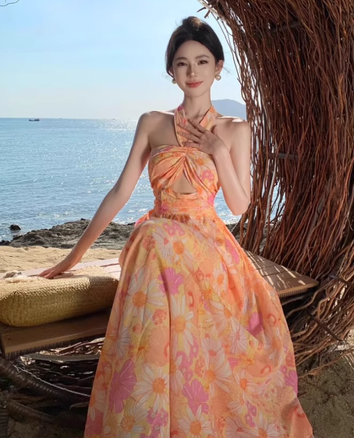 Vibrant Holiday Outfit Floral-Print Maxi Dress Tropical Style Hollow-Out Backless Halter Long Dress AP1233