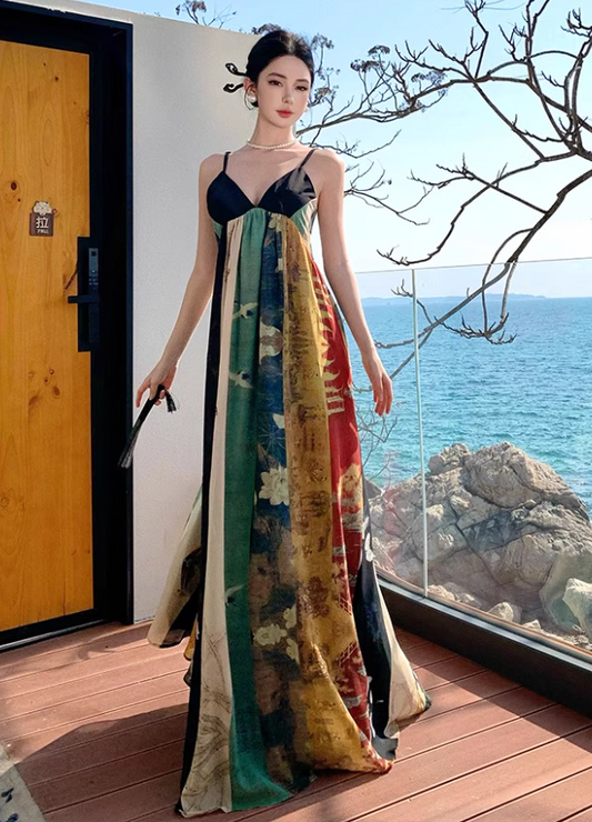 Vintage V Neckline Open-Back Maxi Dress Printed Pattern Design Spaghetti Strap Long Dress AP1236
