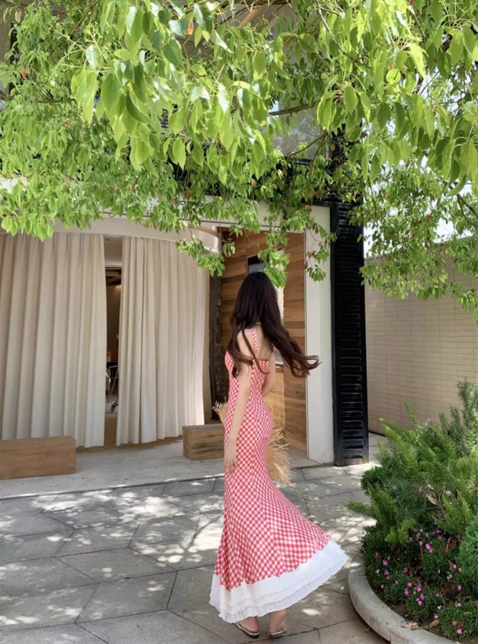 Charming Red Checkered Mermaid Maxi Dress French Style Tiered Lace Trimmed Long Dress AP1237