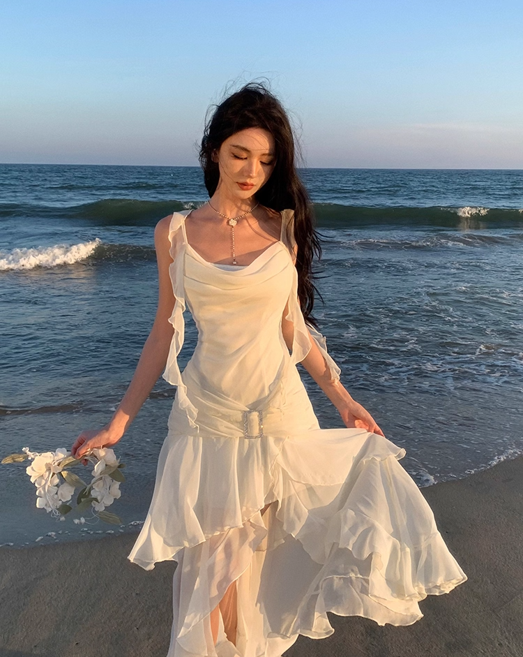 Ethereal Asymmetric Hem Draped Maxi Dress Layered Sheer Ruffles Tulle Long Dress AP1238