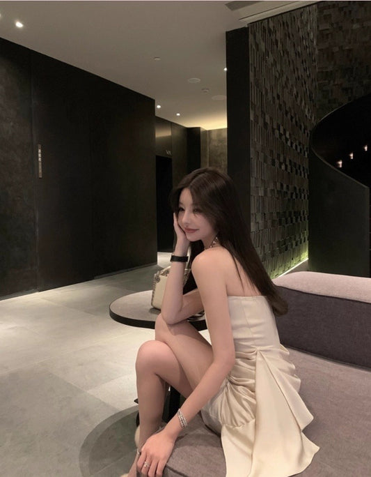 Classical Soft Fabric Ivory Party Mini Skirt Chic Strapless Draped Bodycon Short Dress AP1241