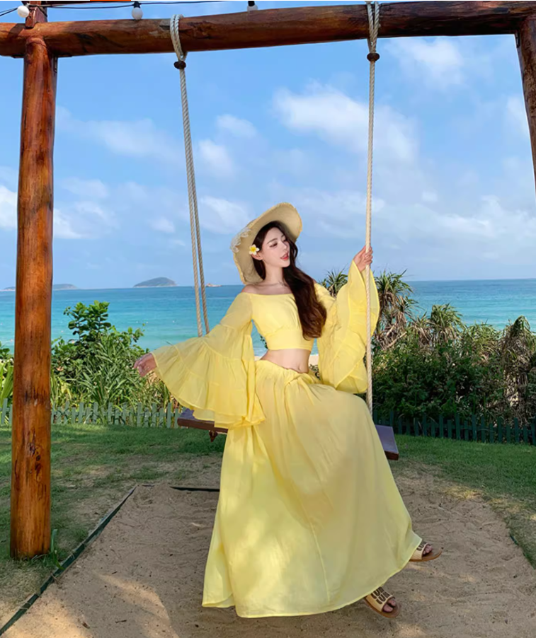 Vibrant Two-Piece Set Yellow Off-Shoulder Maxi Dress Elegant Soft Fabric Bell-Sleeve Long Dress AP1242