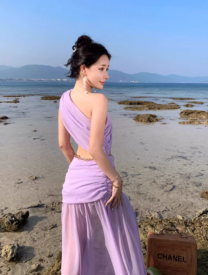 Novelty Tulle Splicing Open-Waist Maxi Dress One Shoulder Waist Chain Design Flowy Long Dress AP1244