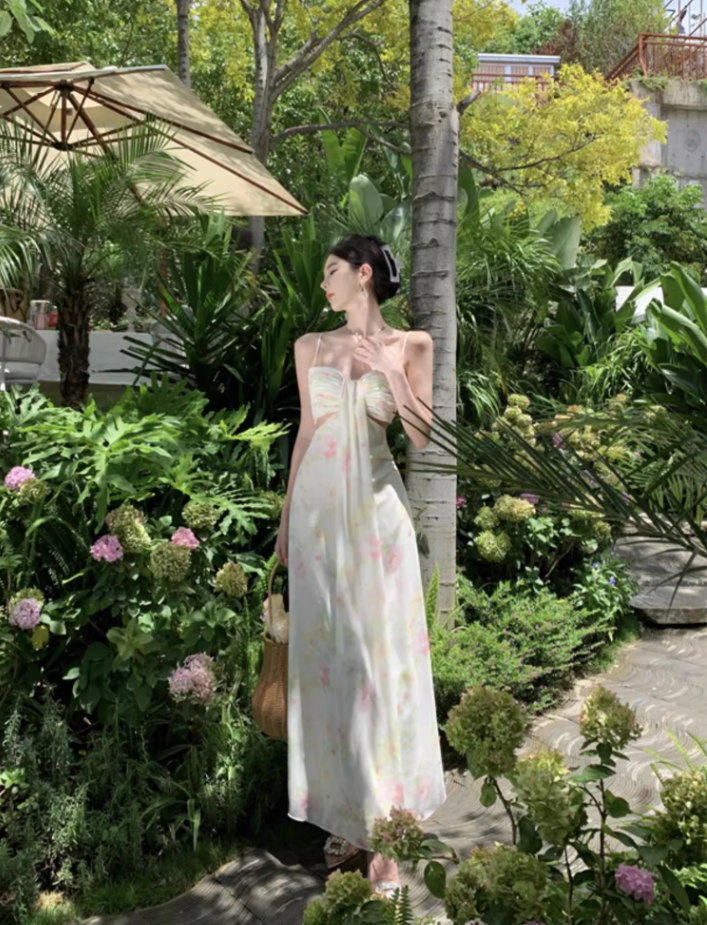 French-Inspired Beachfront Shoots Open-Waist Maxi Dress Ruched Floral Printed Spaghetti Strap Long Dress AP1248