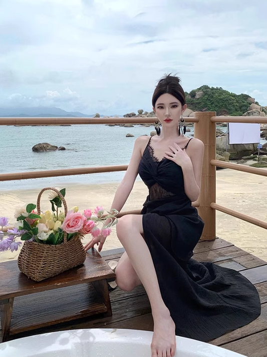 Alluring Sheer Lace Splicing Travel Outfit Maxi Dress Charming Spaghetti Strap Black Draped High-Slit Long Dress AP1250