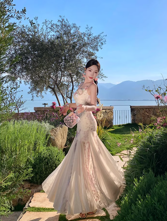 New Arrival Travel Outfit Sheer Lace Splicing Maxi Dress Chic Stereo Flowers Open-Back Floral-Print Long Dress AP1251