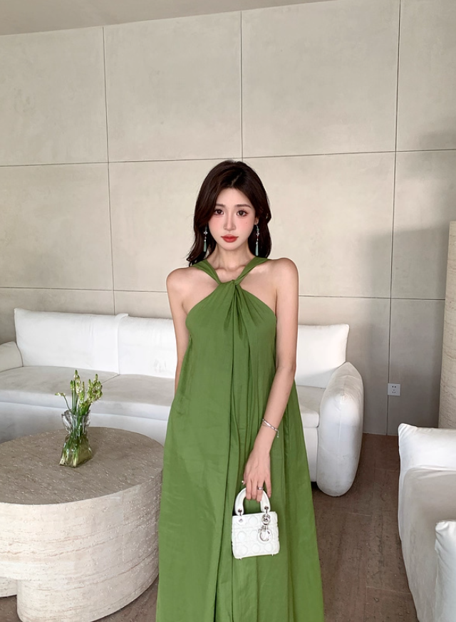 Casual Green V-Back Oversized Maxi Dress Minimalist Soft Fabric Halter Long Dress AP1258