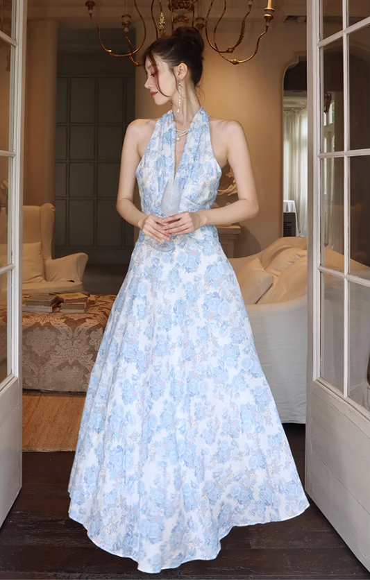 Vintage French Style Blue Floral Print Maxi Dress V-Neck Tie-Back Halter Long Dress AP1259
