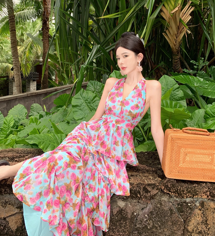 Fairycore Tiered Ruffles Summer Outfit Maxi Dress Open Back V-Neck Floral Print Halter Long Dress AP1262